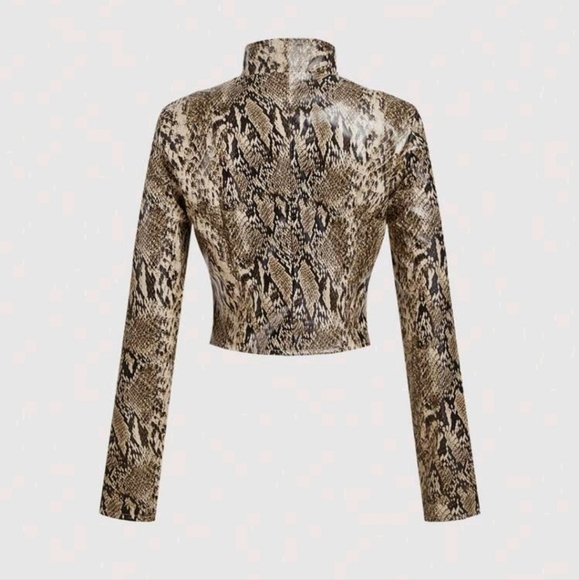 Khaki Snake Skin Print Motorcycle Stand Collar Zipper Jacket,Retro Western Style - Picture 4 of 4